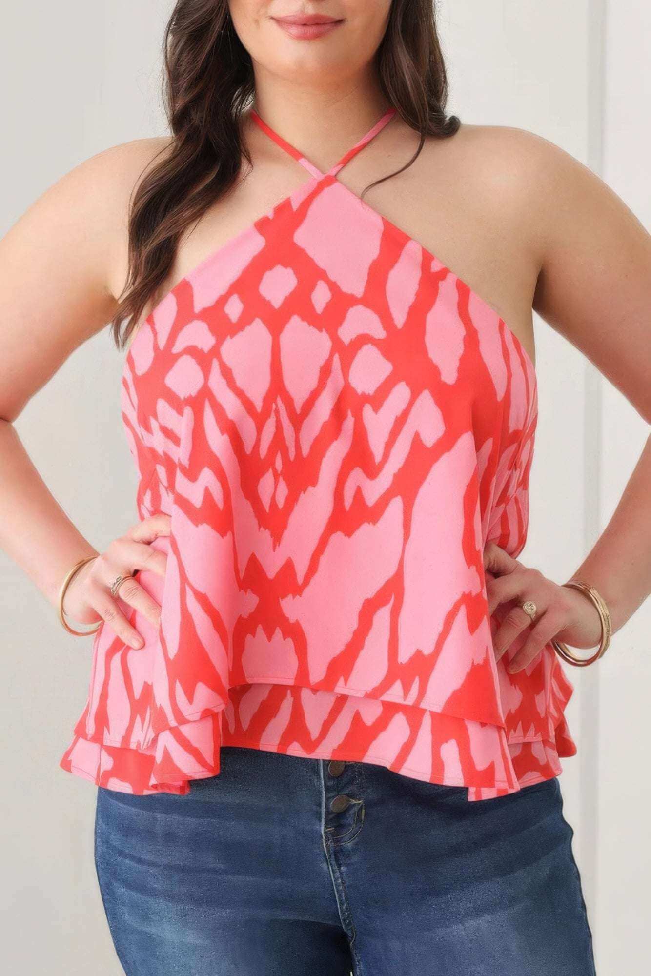 Plus Size Abstract Print Halter Ruffle Hem Top - The Diva Goddess