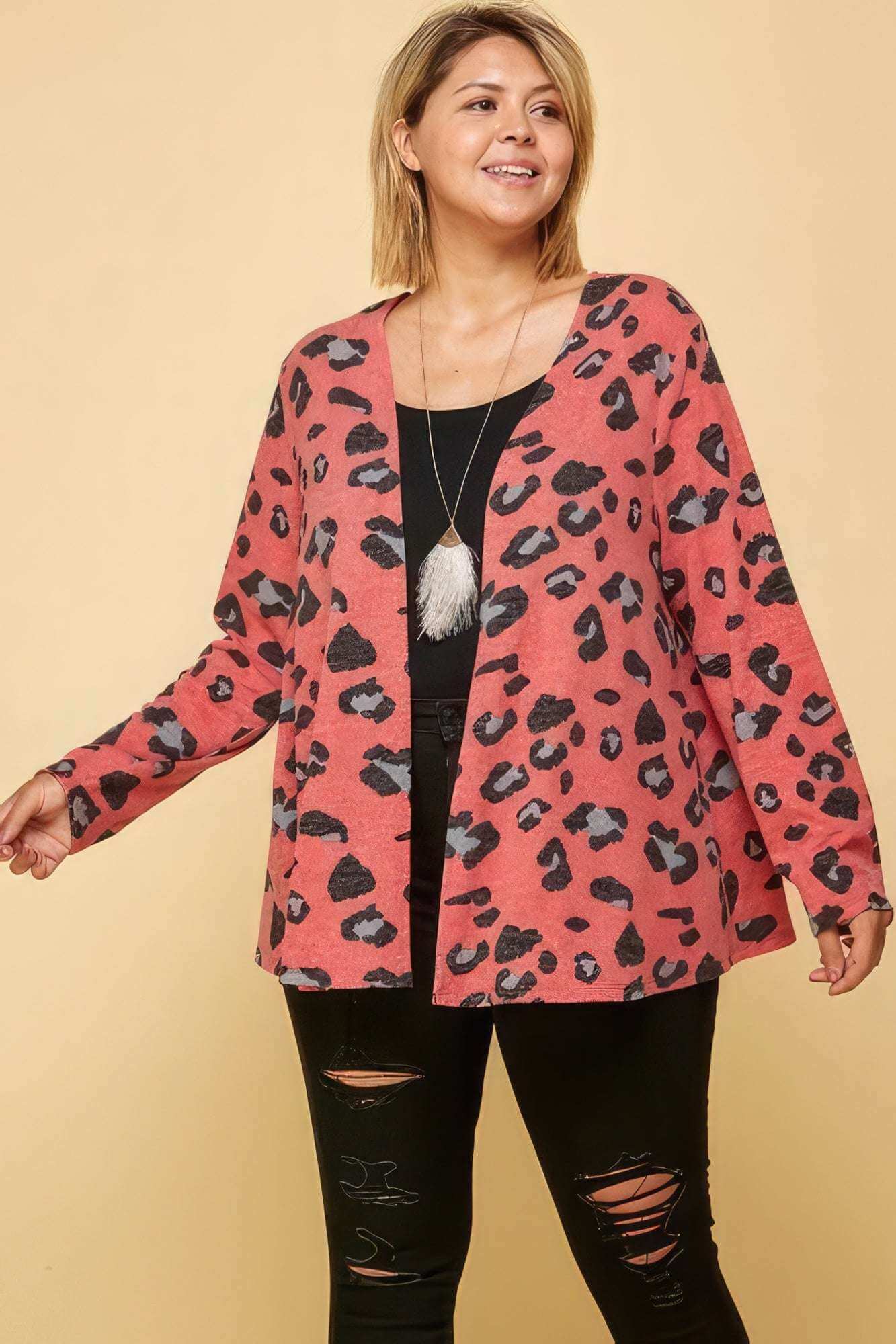 Plus Size Animal Printed Open Front Cropped Cardigan - The Diva Goddess