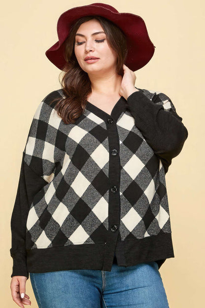 Plus Size Buffalo Plaid Knit Button Up Oversize Cardigan - The Diva Goddess