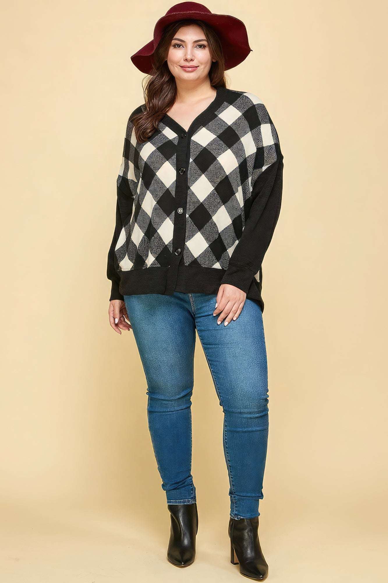 Plus Size Buffalo Plaid Knit Button Up Oversize Cardigan - The Diva Goddess