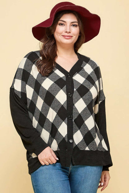 Plus Size Buffalo Plaid Knit Button Up Oversize Cardigan - The Diva Goddess