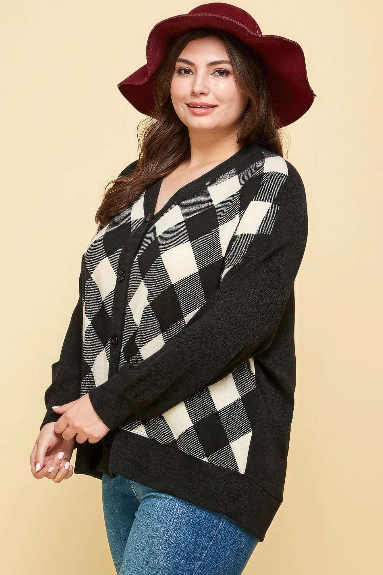 Plus Size Buffalo Plaid Knit Button Up Oversize Cardigan - The Diva Goddess