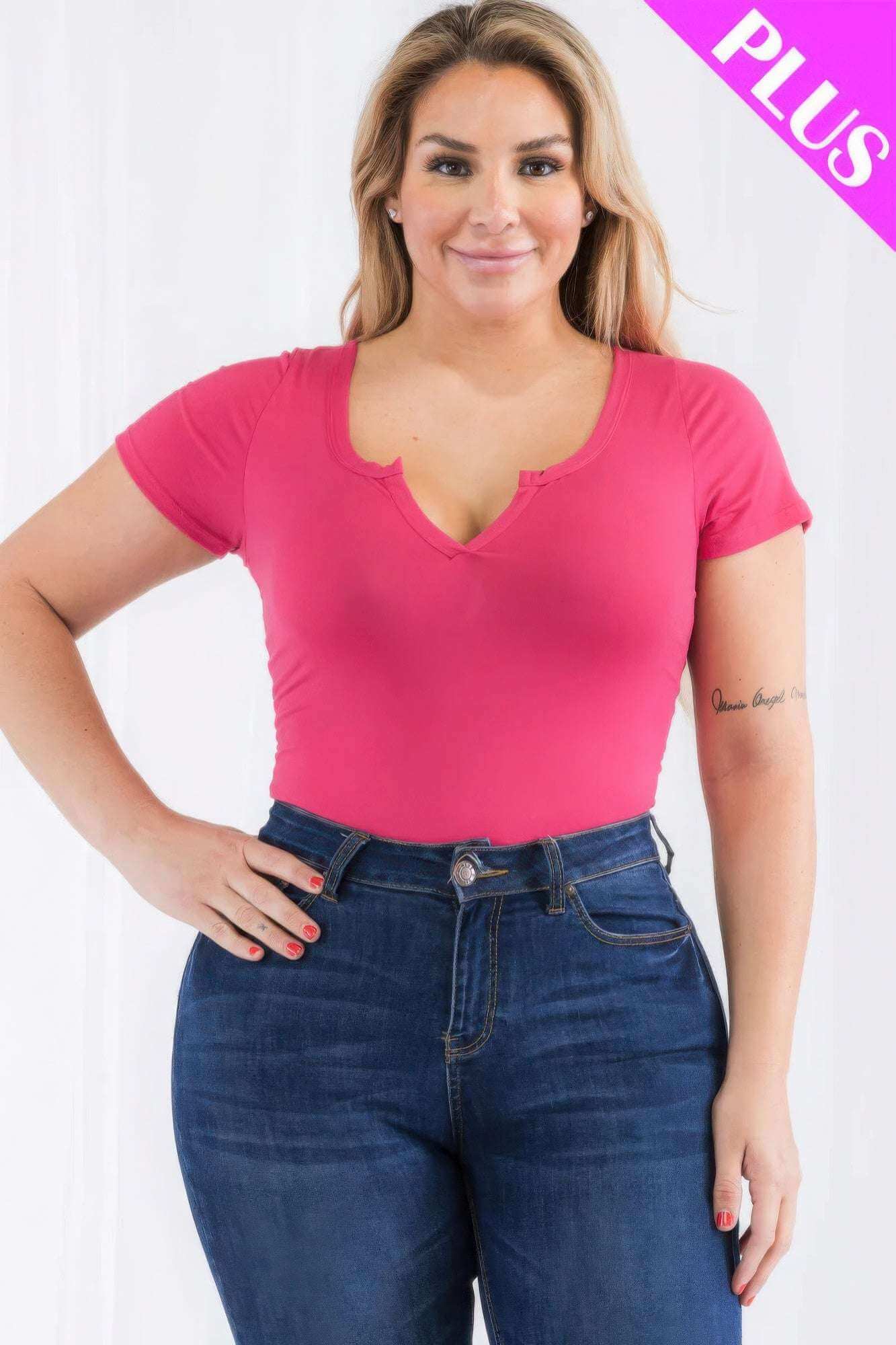 Plus Size Casual Split Neck Solid Short Sleeve Bodysuit - The Diva Goddess