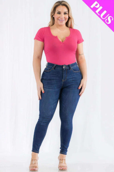 Plus Size Casual Split Neck Solid Short Sleeve Bodysuit - The Diva Goddess