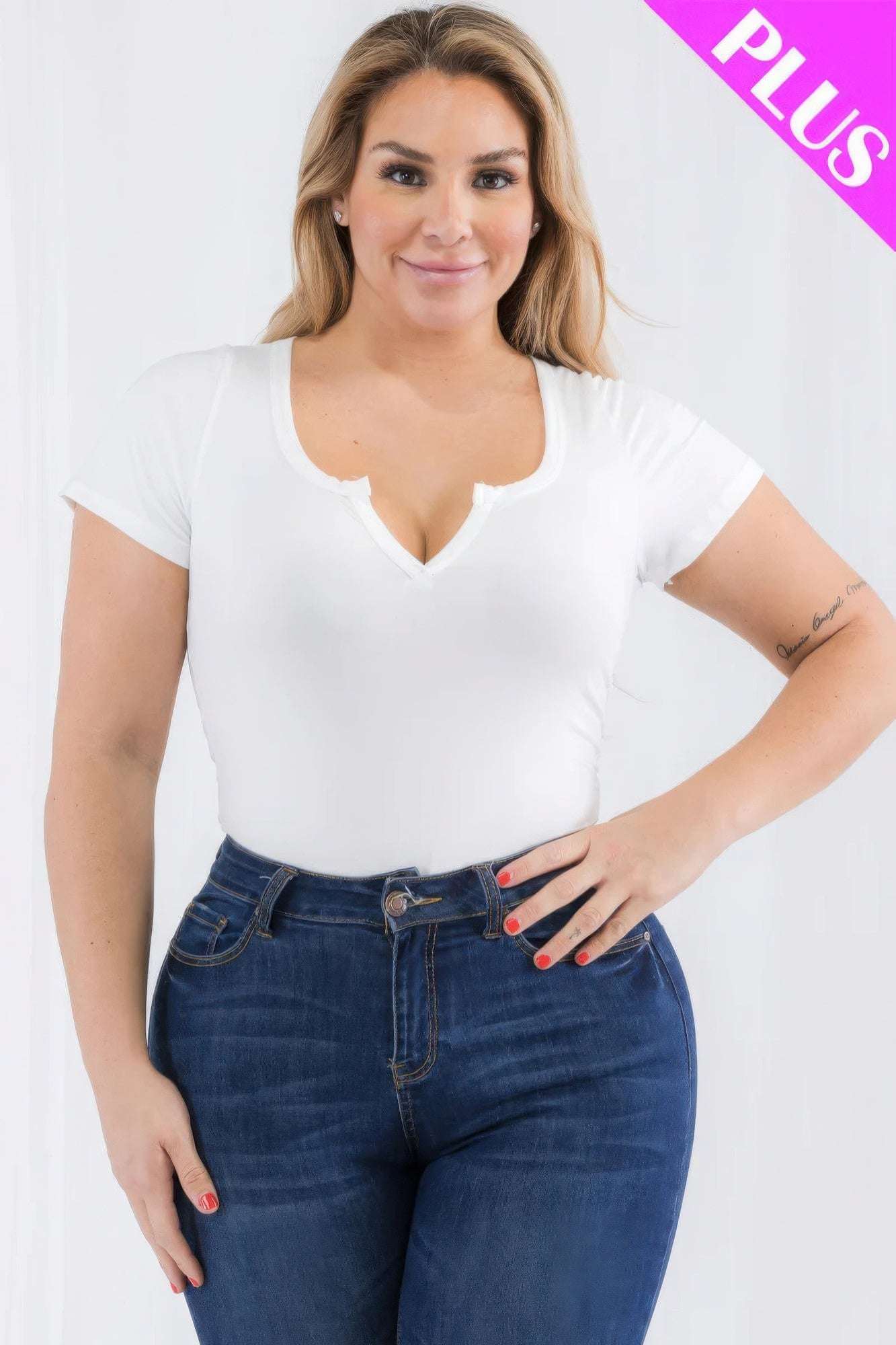 Plus Size Casual Split Neck Solid Short Sleeve Bodysuit - The Diva Goddess