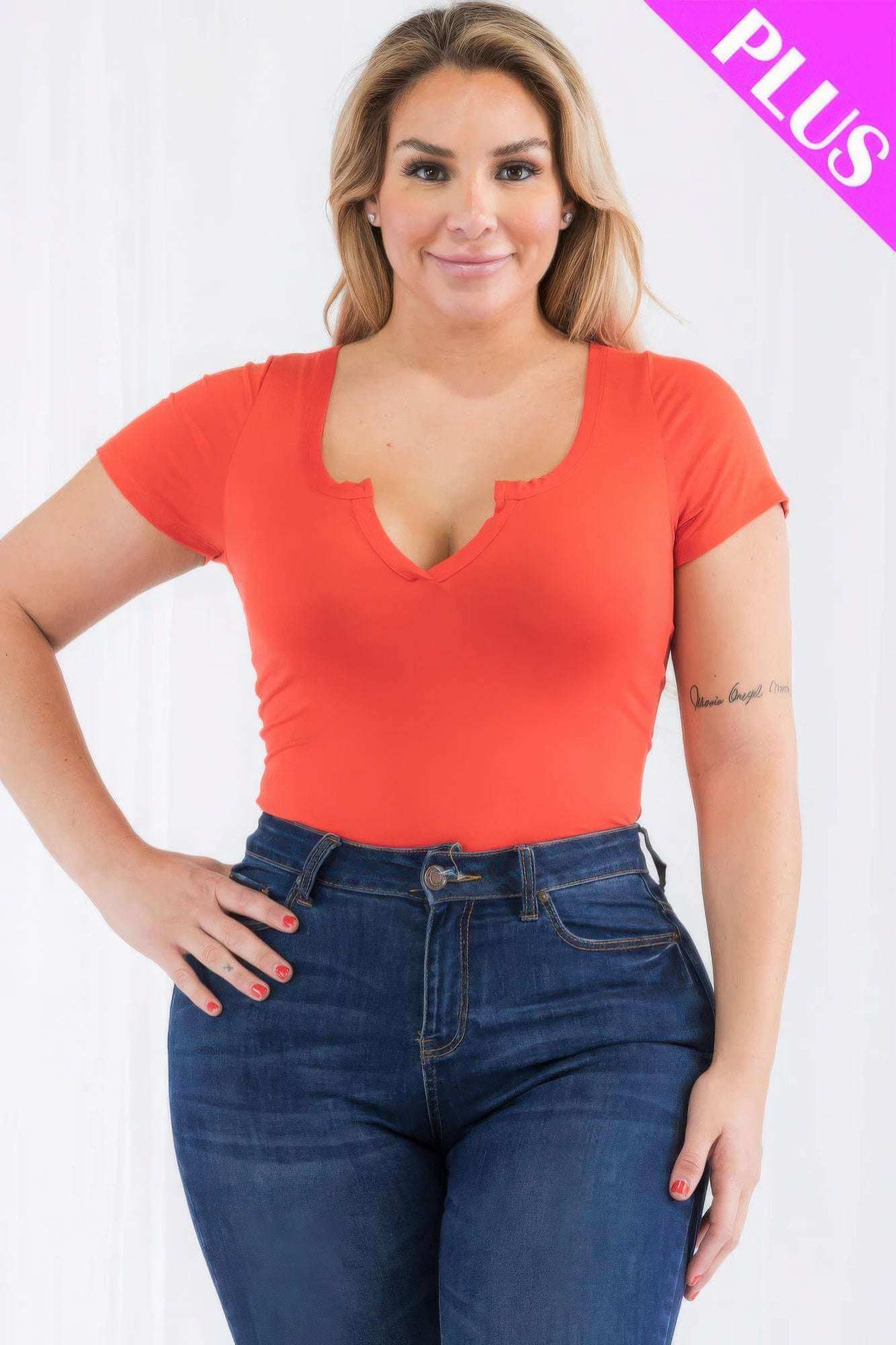 Plus Size Casual Split Neck Solid Short Sleeve Bodysuit - The Diva Goddess