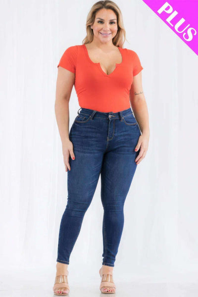 Plus Size Casual Split Neck Solid Short Sleeve Bodysuit - The Diva Goddess