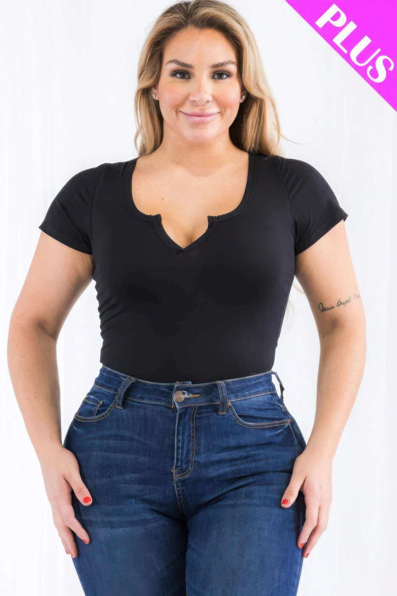 Plus Size Casual Split Neck Solid Short Sleeve Bodysuit - The Diva Goddess