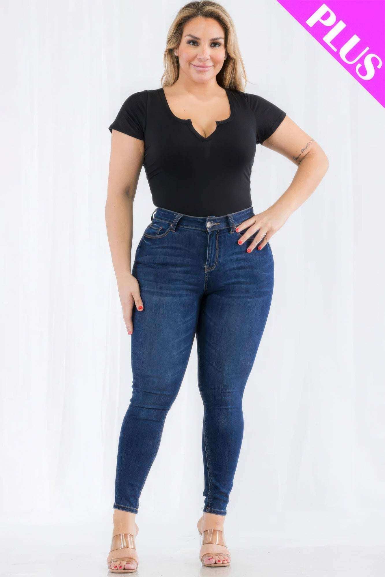 Plus Size Casual Split Neck Solid Short Sleeve Bodysuit - The Diva Goddess