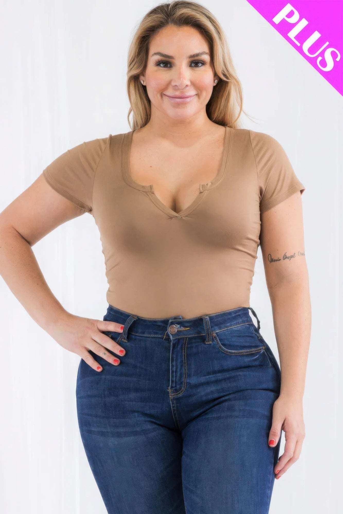 Plus Size Casual Split Neck Solid Short Sleeve Bodysuit - The Diva Goddess