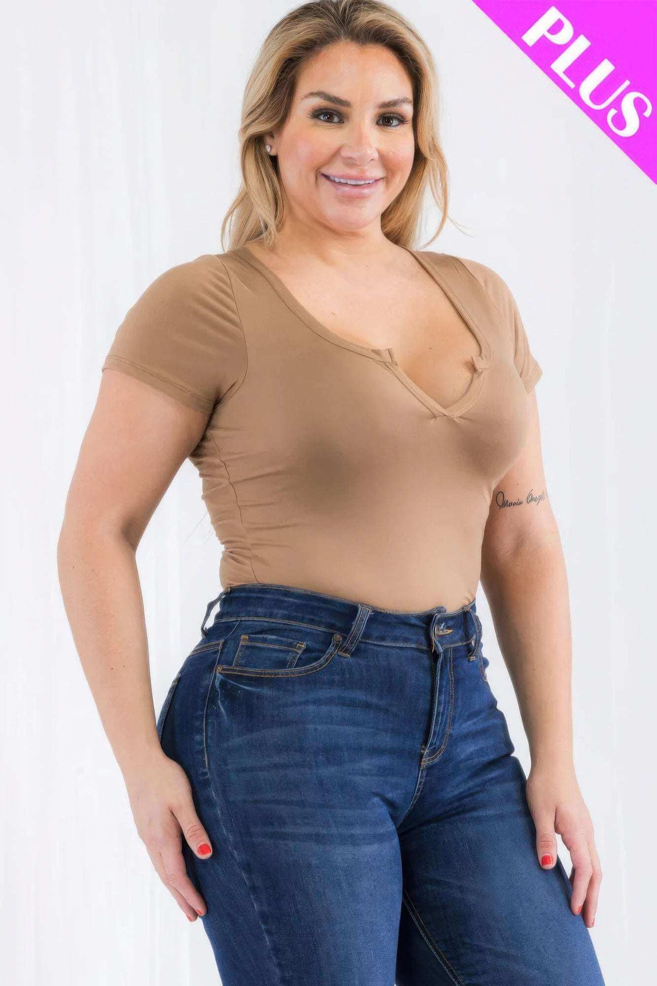 Plus Size Casual Split Neck Solid Short Sleeve Bodysuit - The Diva Goddess