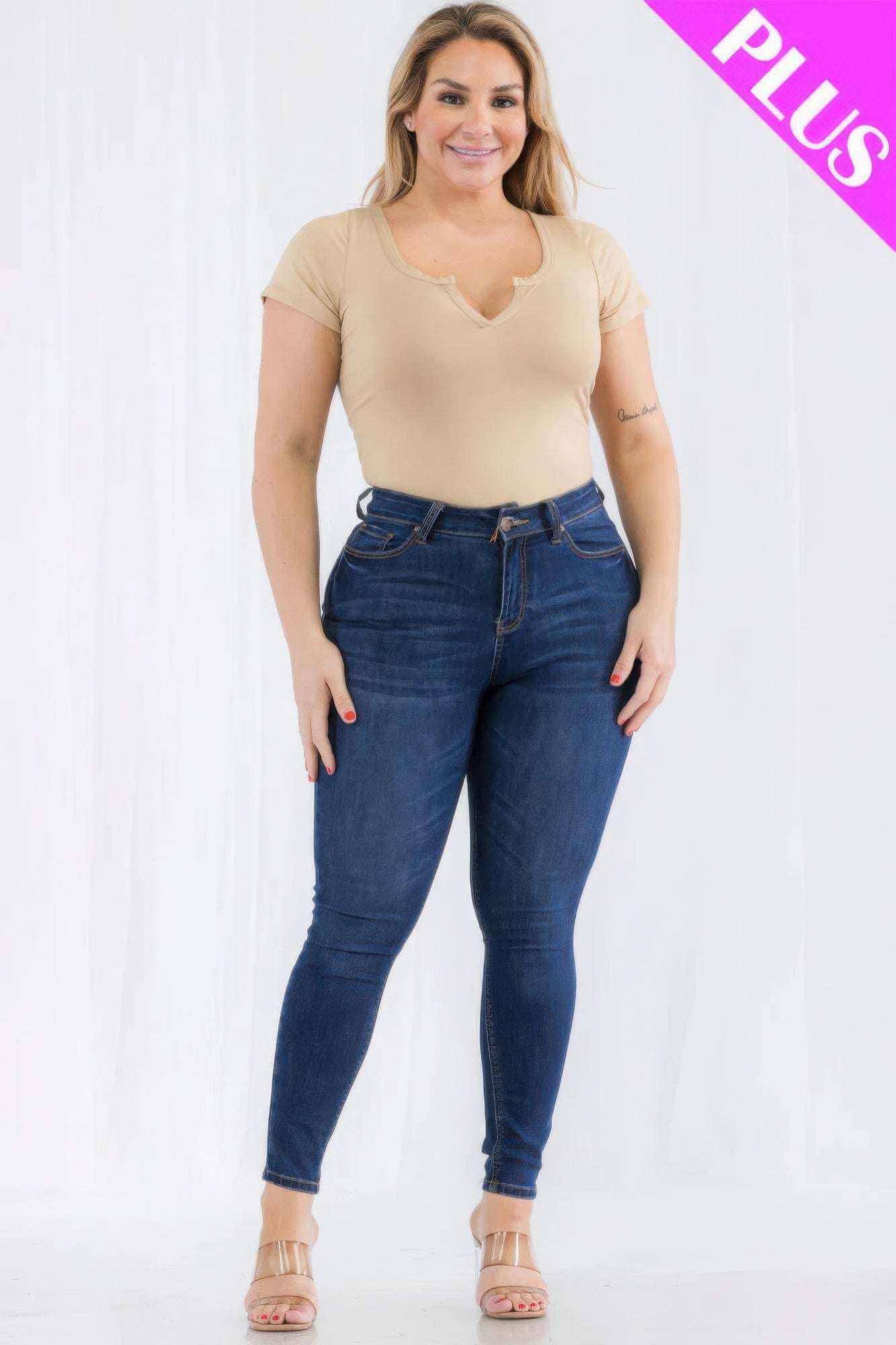 Plus Size Casual Split Neck Solid Short Sleeve Bodysuit - The Diva Goddess