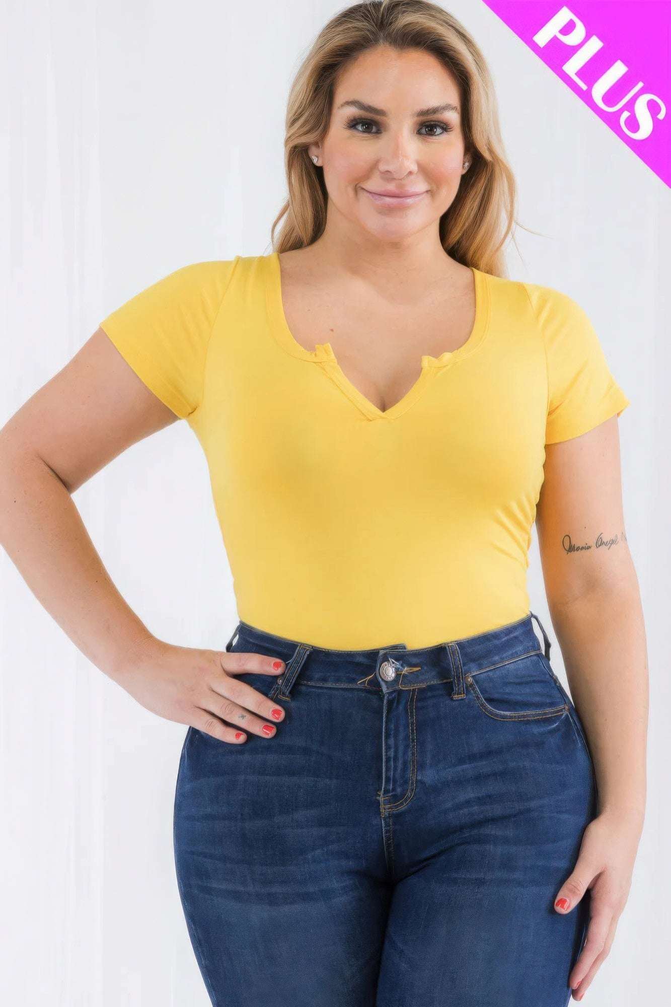 Plus Size Casual Split Neck Solid Short Sleeve Bodysuit - The Diva Goddess