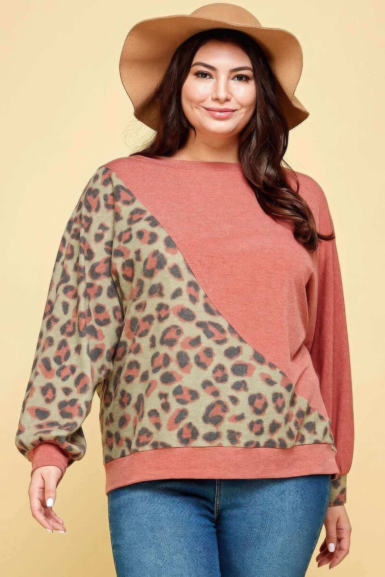 Plus Size Cute Animal French Terry Brush Contrast Print Pullover - The Diva Goddess