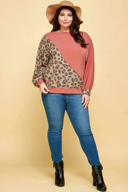 Plus Size Cute Animal French Terry Brush Contrast Print Pullover - The Diva Goddess