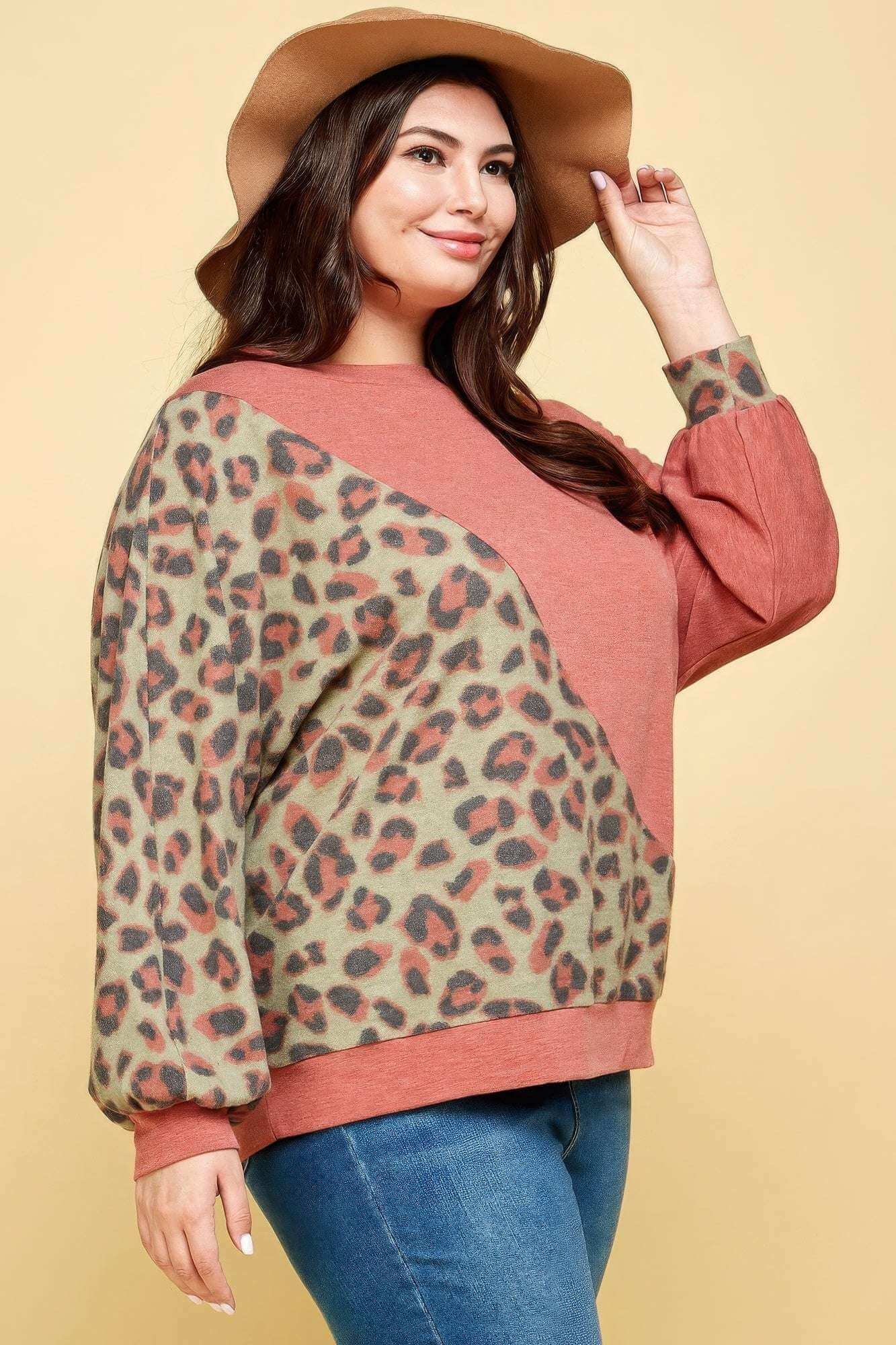 Plus Size Cute Animal French Terry Brush Contrast Print Pullover - The Diva Goddess