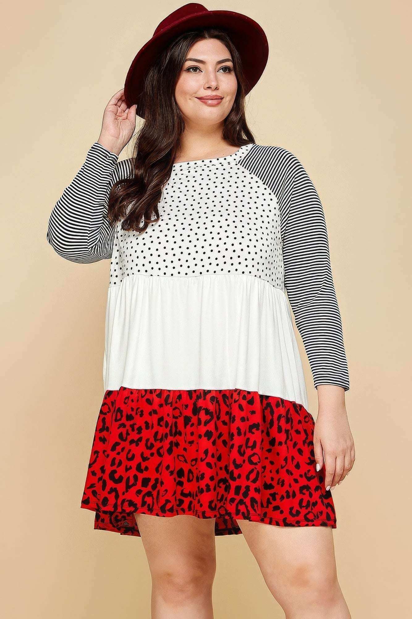 Plus Size Cute Polka Dot And Animal Print Contrast Swing Tiered Dress - The Diva Goddess