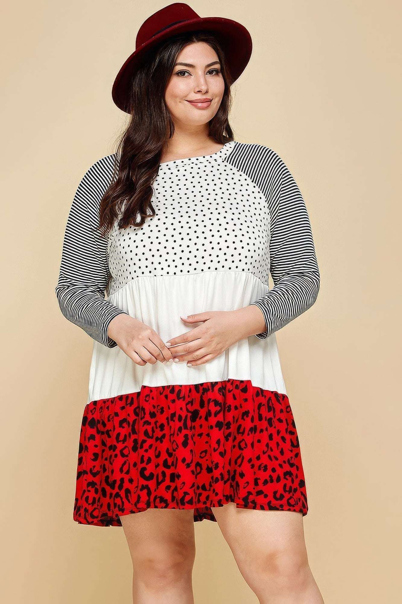 Plus Size Cute Polka Dot And Animal Print Contrast Swing Tiered Dress - The Diva Goddess