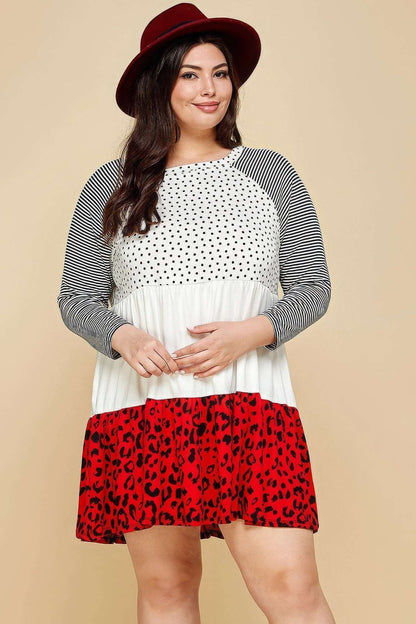 Plus Size Cute Polka Dot And Animal Print Contrast Swing Tiered Dress - The Diva Goddess