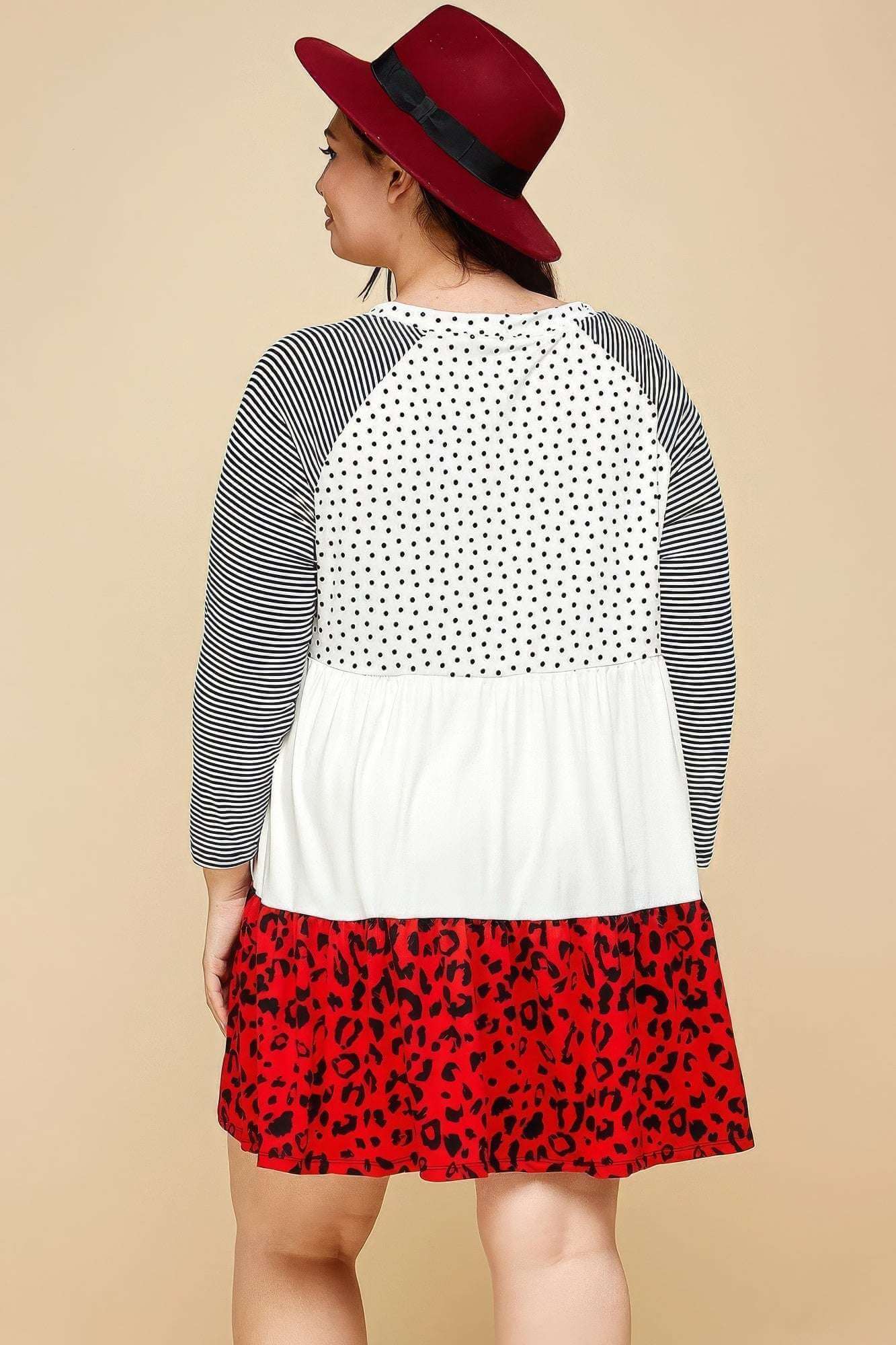 Plus Size Cute Polka Dot And Animal Print Contrast Swing Tiered Dress - The Diva Goddess