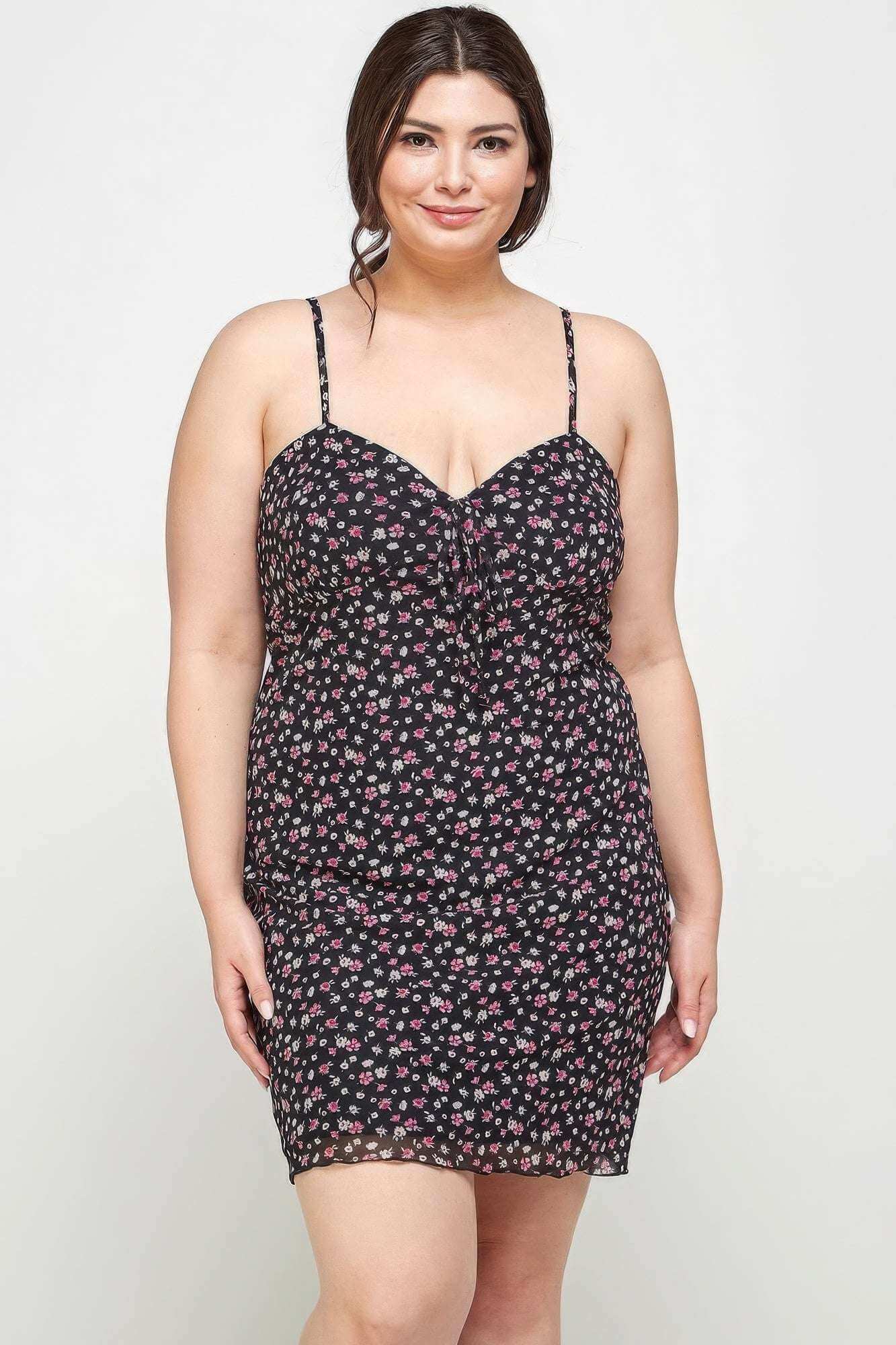 Plus Size Ditsy Floral Print On Mesh Fabric Cami Dress - The Diva Goddess