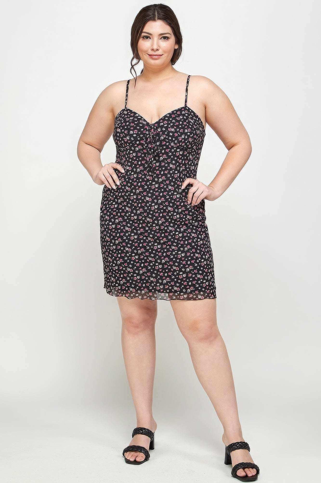 Plus Size Ditsy Floral Print On Mesh Fabric Cami Dress - The Diva Goddess