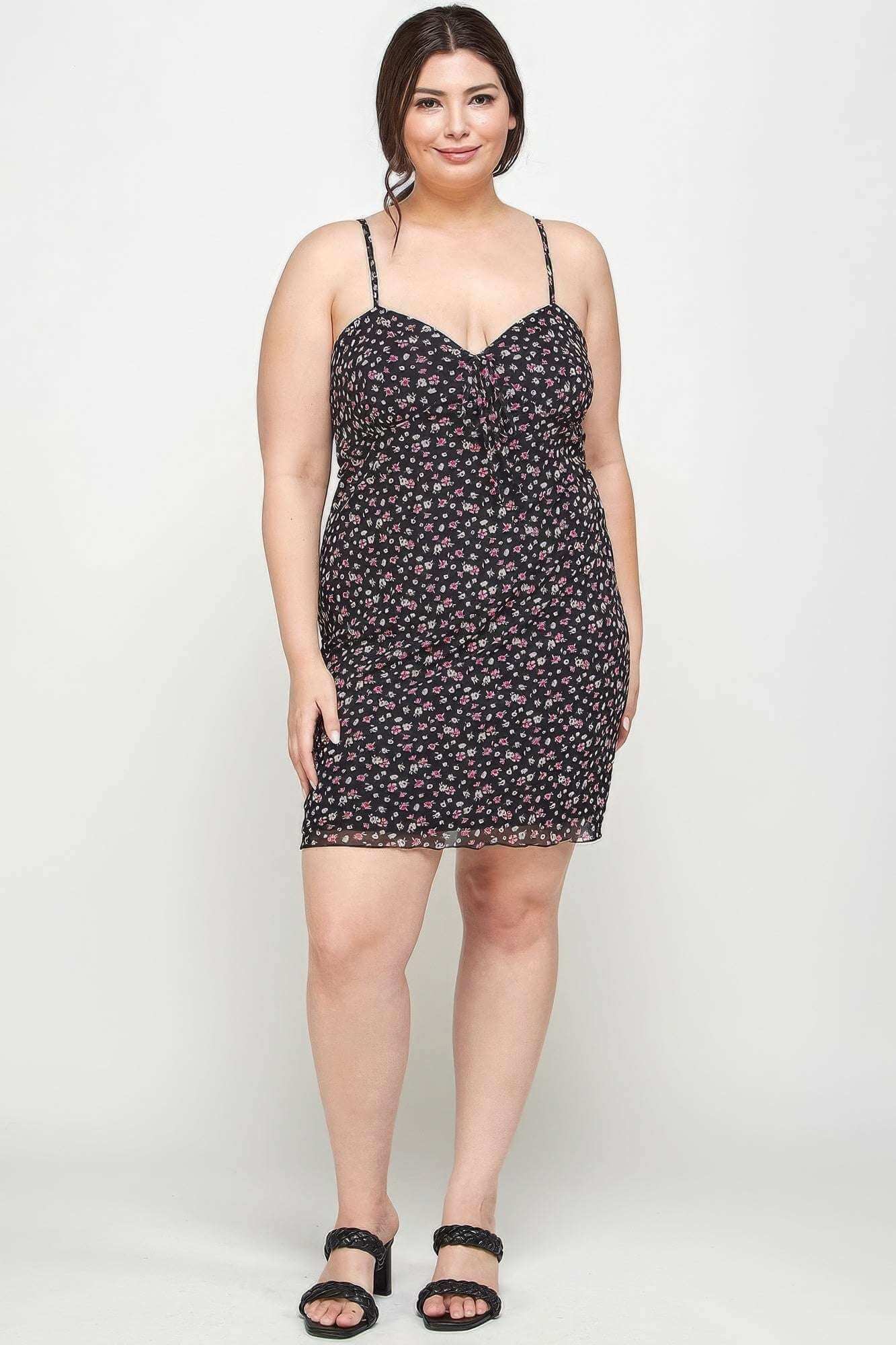 Plus Size Ditsy Floral Print On Mesh Fabric Cami Dress - The Diva Goddess