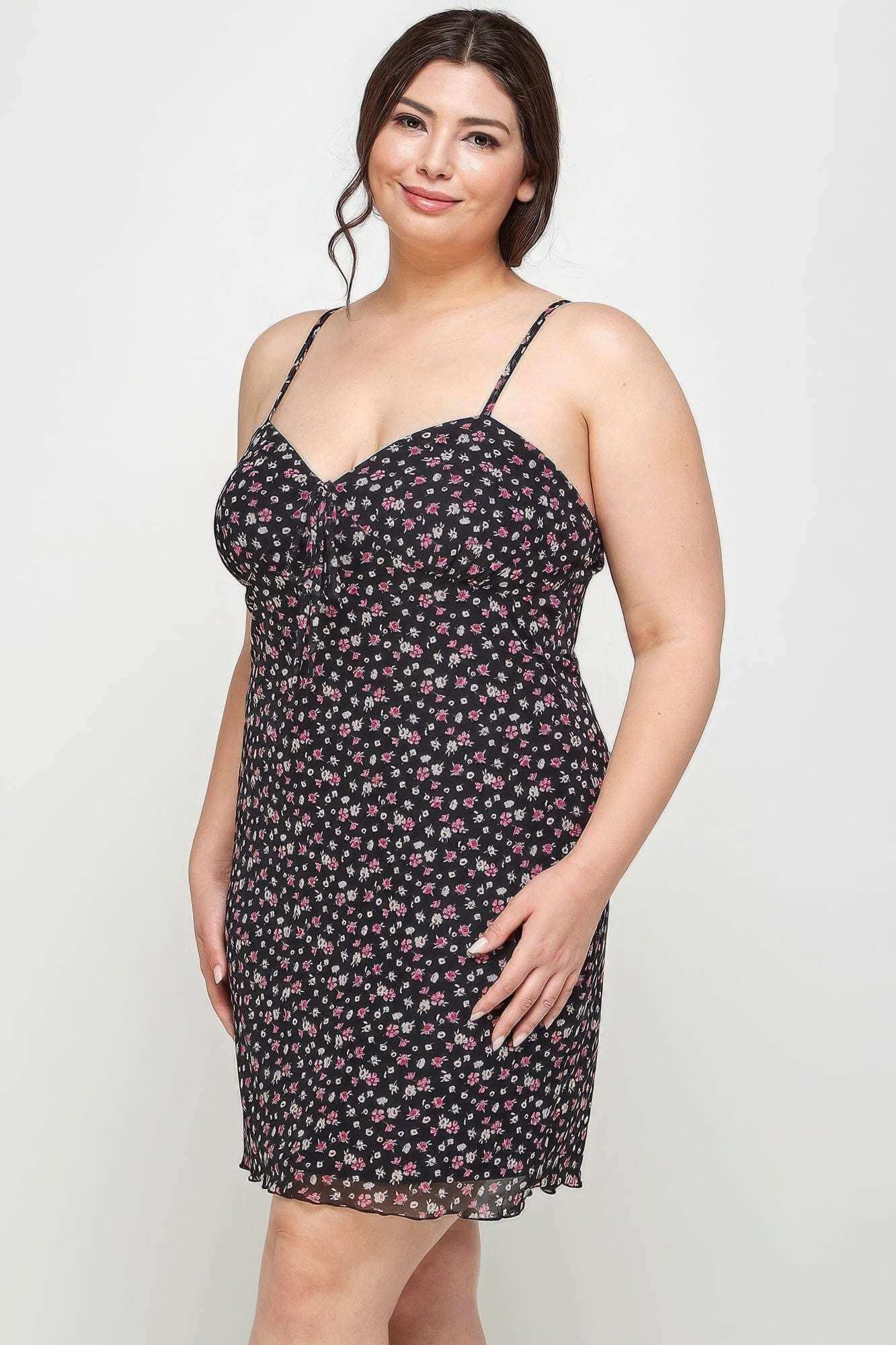 Plus Size Ditsy Floral Print On Mesh Fabric Cami Dress - The Diva Goddess