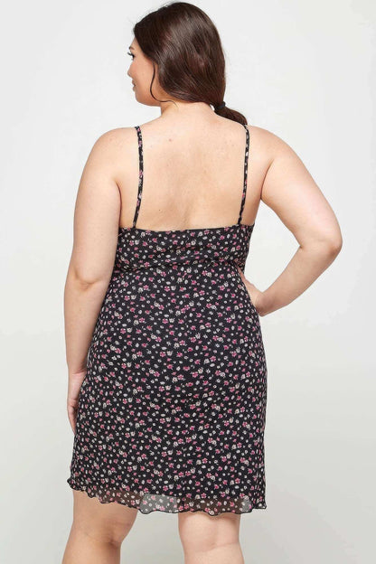 Plus Size Ditsy Floral Print On Mesh Fabric Cami Dress - The Diva Goddess