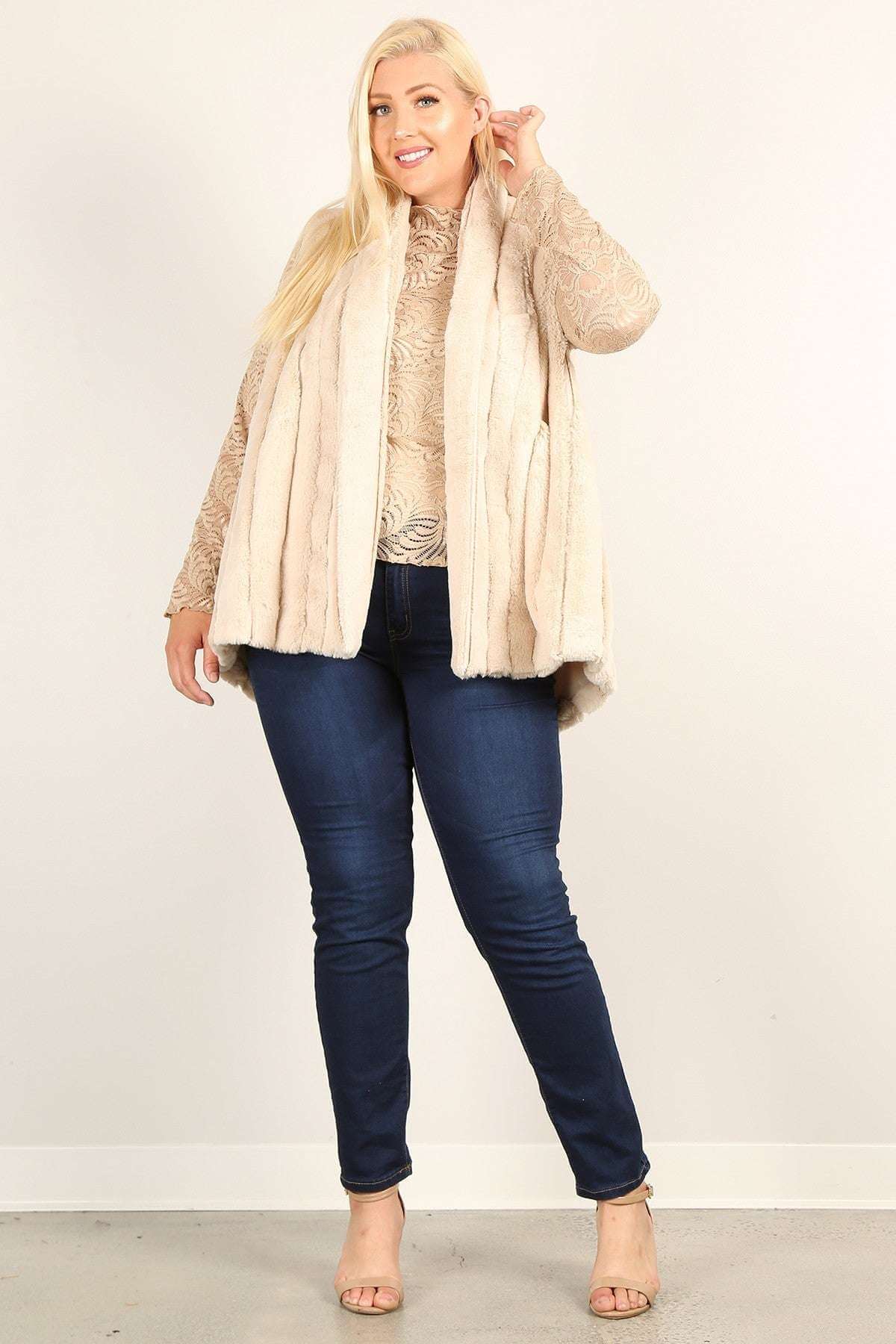 Plus Size Faux Fur Vest Jacket With Open Front, Hi-lo Hem, And Pockets - The Diva Goddess