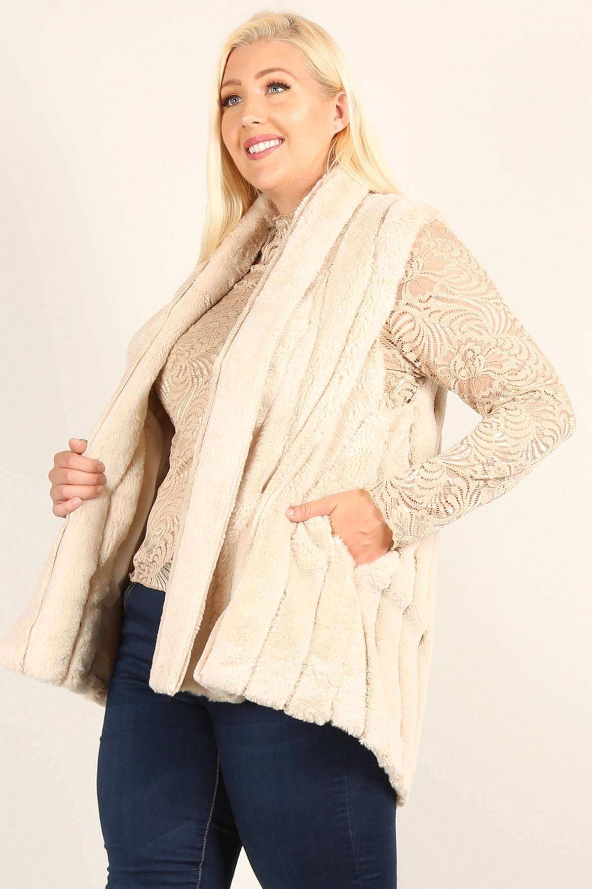 Plus Size Faux Fur Vest Jacket With Open Front, Hi-lo Hem, And Pockets - The Diva Goddess