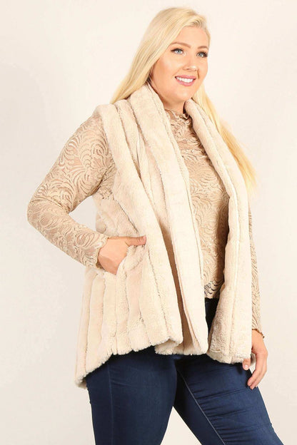 Plus Size Faux Fur Vest Jacket With Open Front, Hi-lo Hem, And Pockets - The Diva Goddess