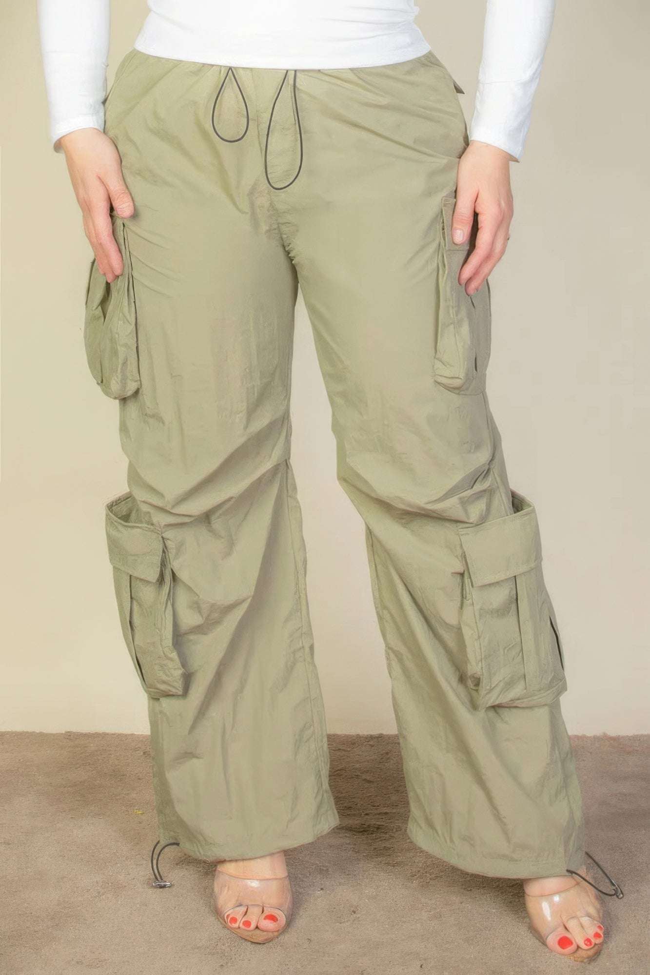 Plus Size Flap Pockets Drawstring Ruched Parachute Pants - The Diva Goddess