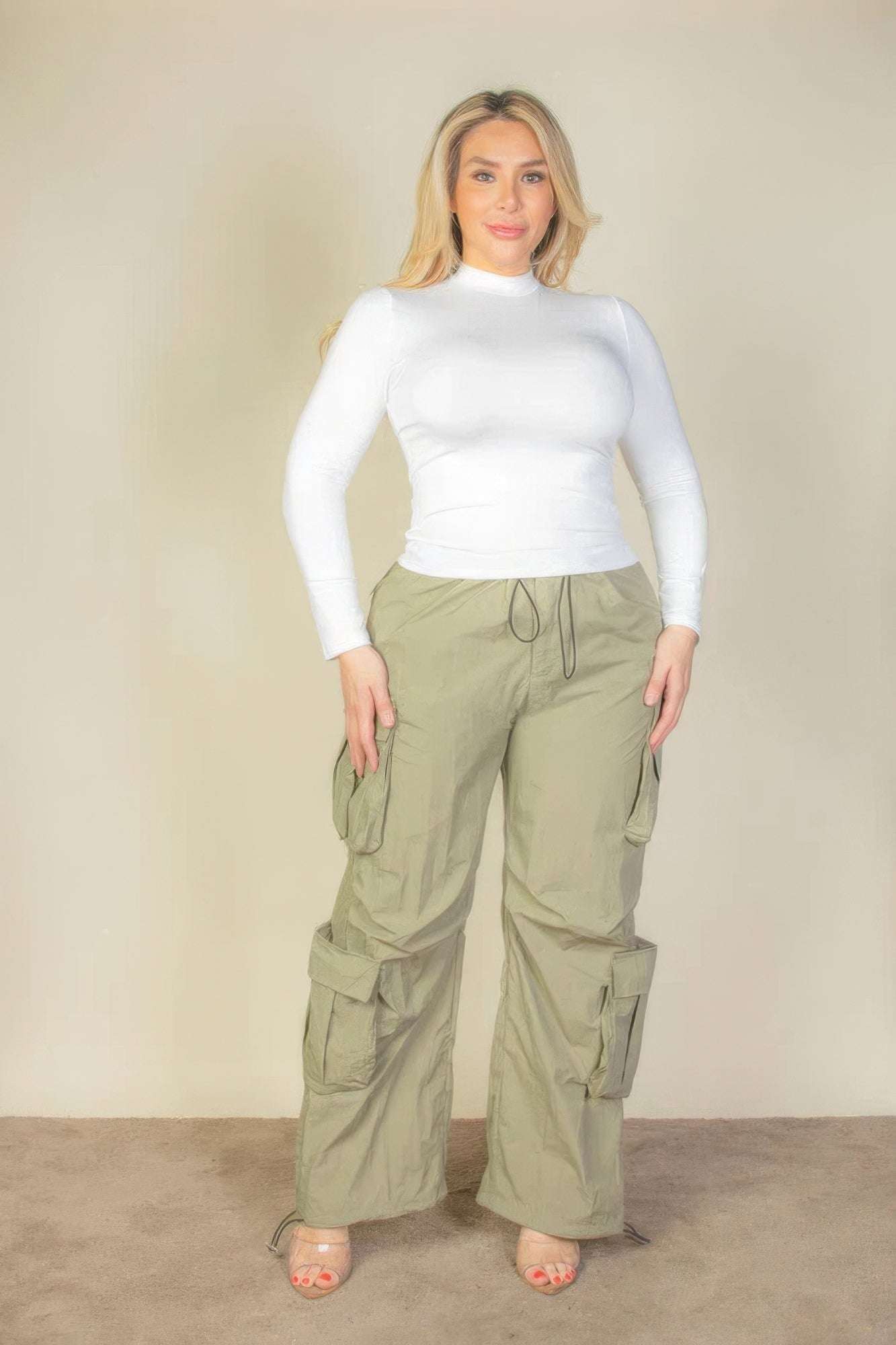 Plus Size Flap Pockets Drawstring Ruched Parachute Pants - The Diva Goddess