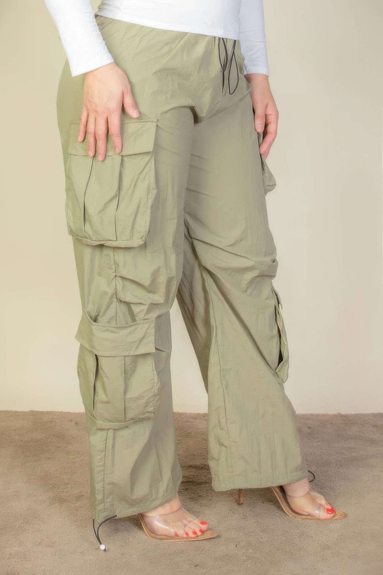 Plus Size Flap Pockets Drawstring Ruched Parachute Pants - The Diva Goddess