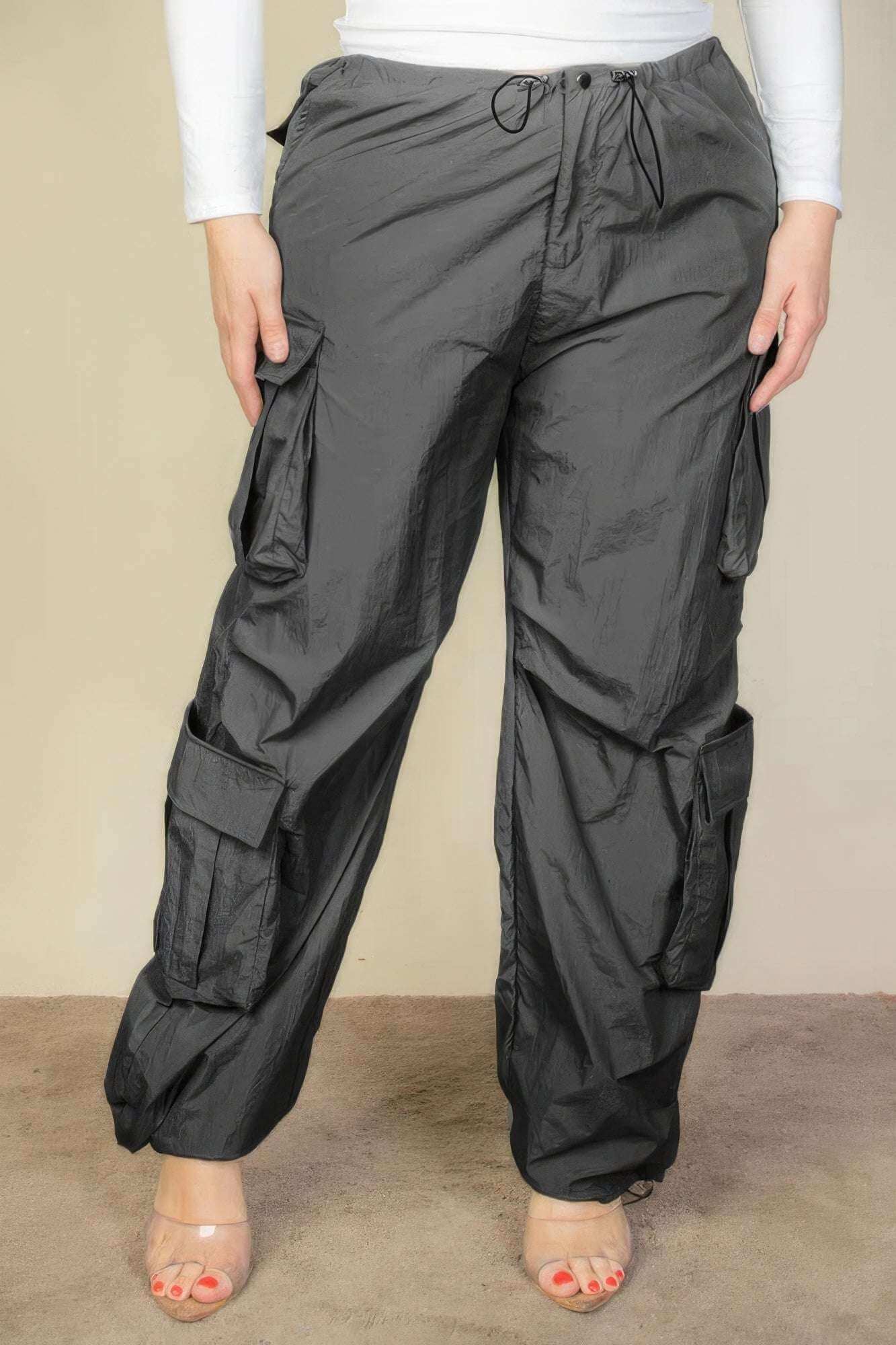 Plus Size Flap Pockets Drawstring Ruched Parachute Pants - The Diva Goddess