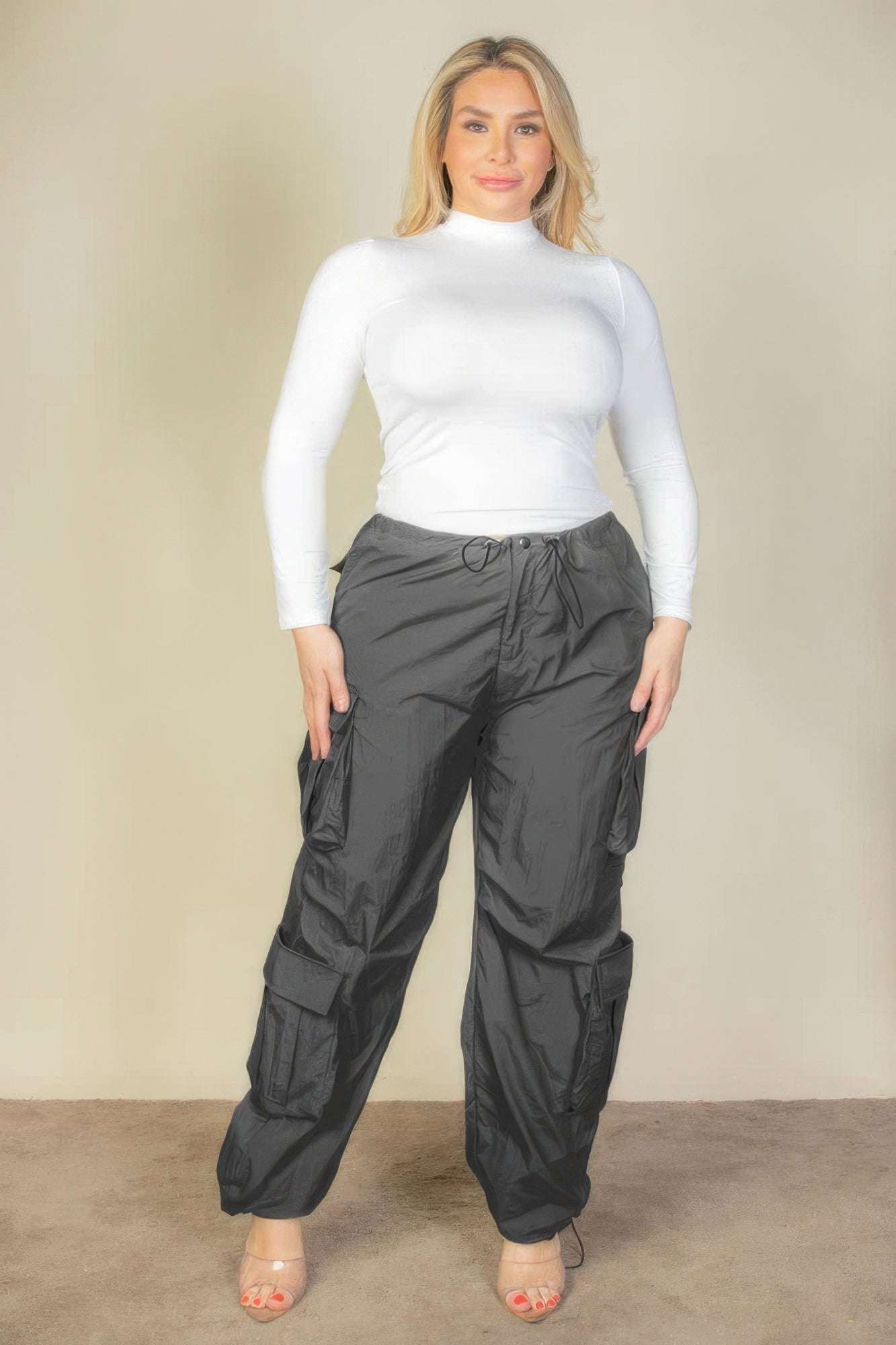 Plus Size Flap Pockets Drawstring Ruched Parachute Pants - The Diva Goddess