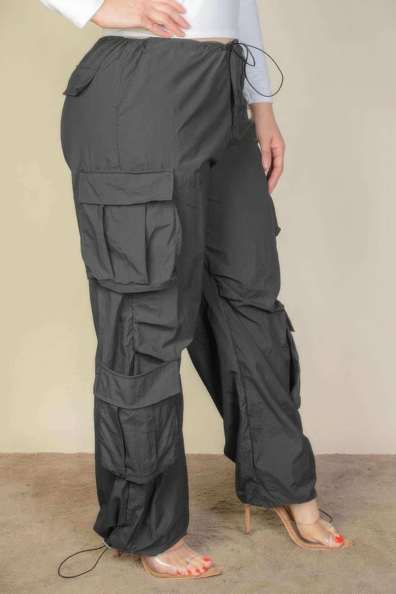 Plus Size Flap Pockets Drawstring Ruched Parachute Pants - The Diva Goddess