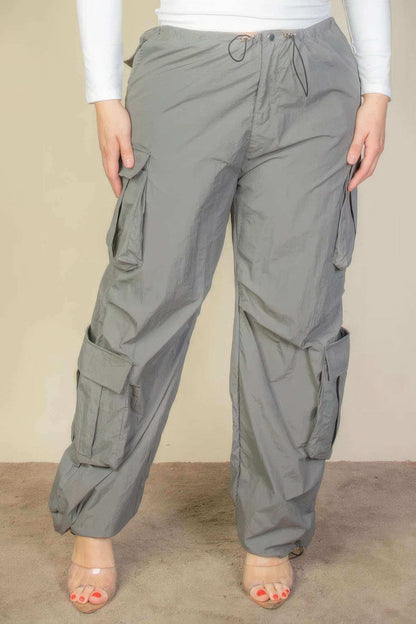 Plus Size Flap Pockets Drawstring Ruched Parachute Pants - The Diva Goddess