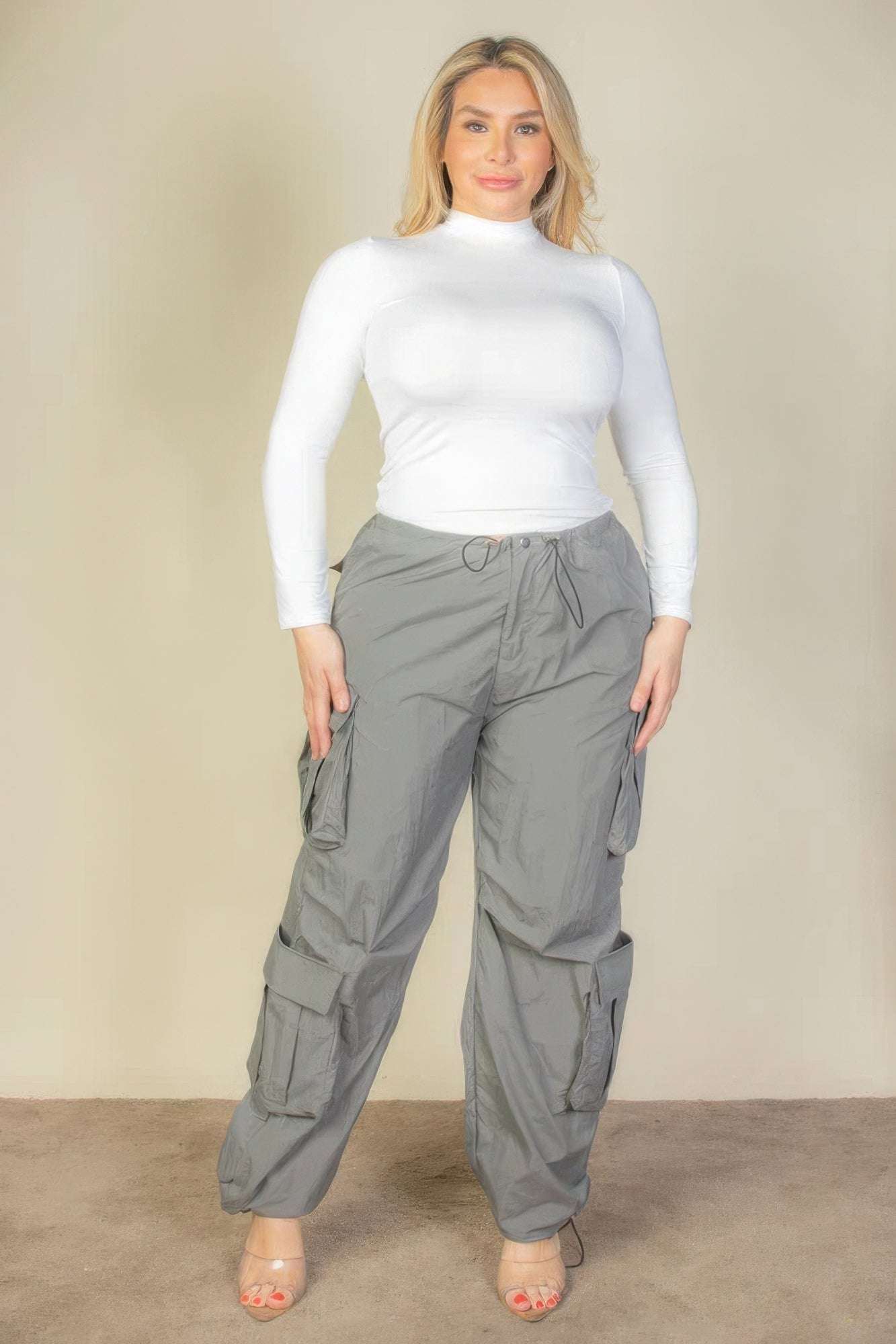 Plus Size Flap Pockets Drawstring Ruched Parachute Pants - The Diva Goddess