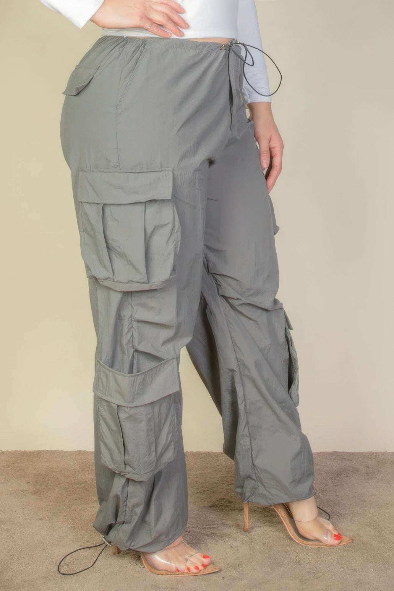 Plus Size Flap Pockets Drawstring Ruched Parachute Pants - The Diva Goddess