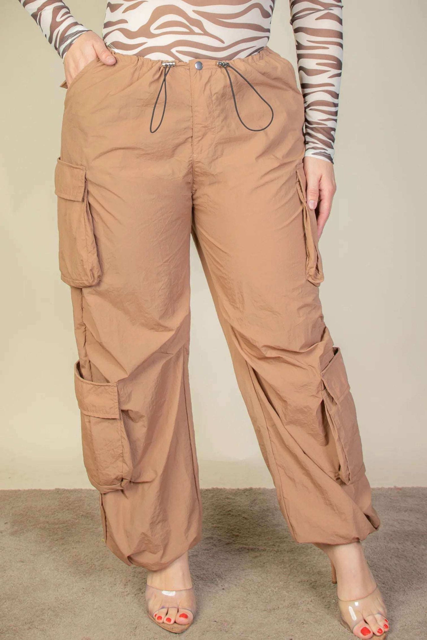 Plus Size Flap Pockets Drawstring Ruched Parachute Pants - The Diva Goddess