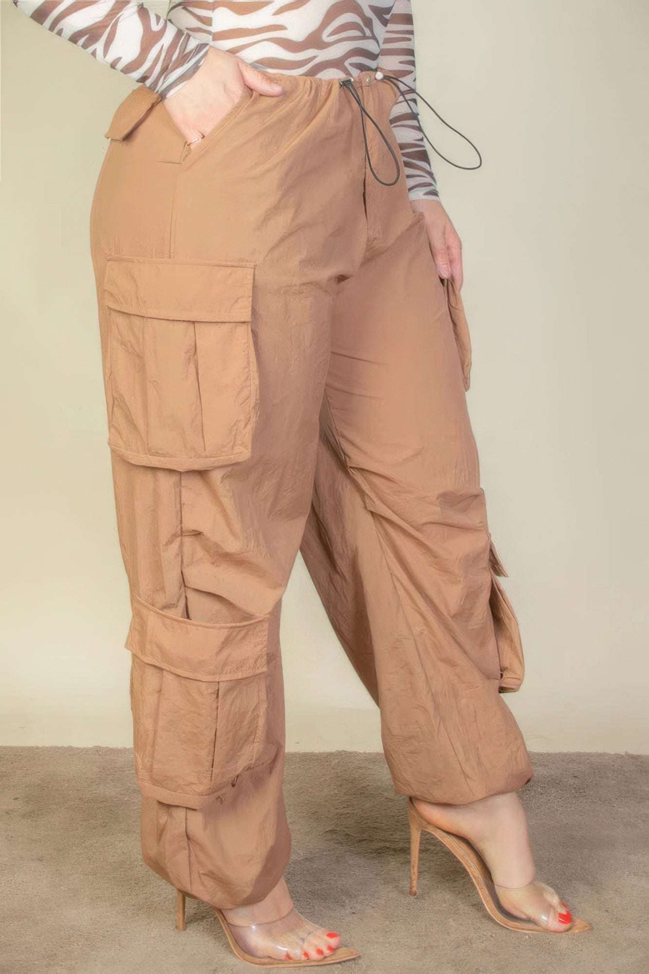 Plus Size Flap Pockets Drawstring Ruched Parachute Pants - The Diva Goddess