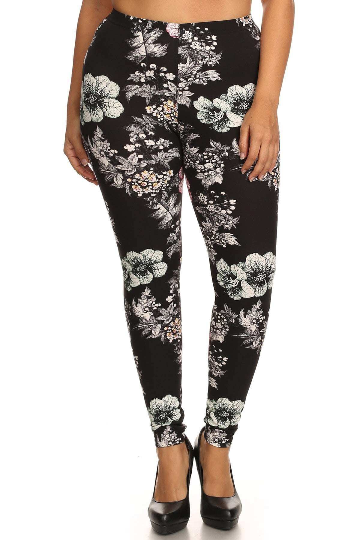 Plus Size Floral Graphic Printed Jersey Knit Legging With Elastic Waistband Detail - The Diva Goddess