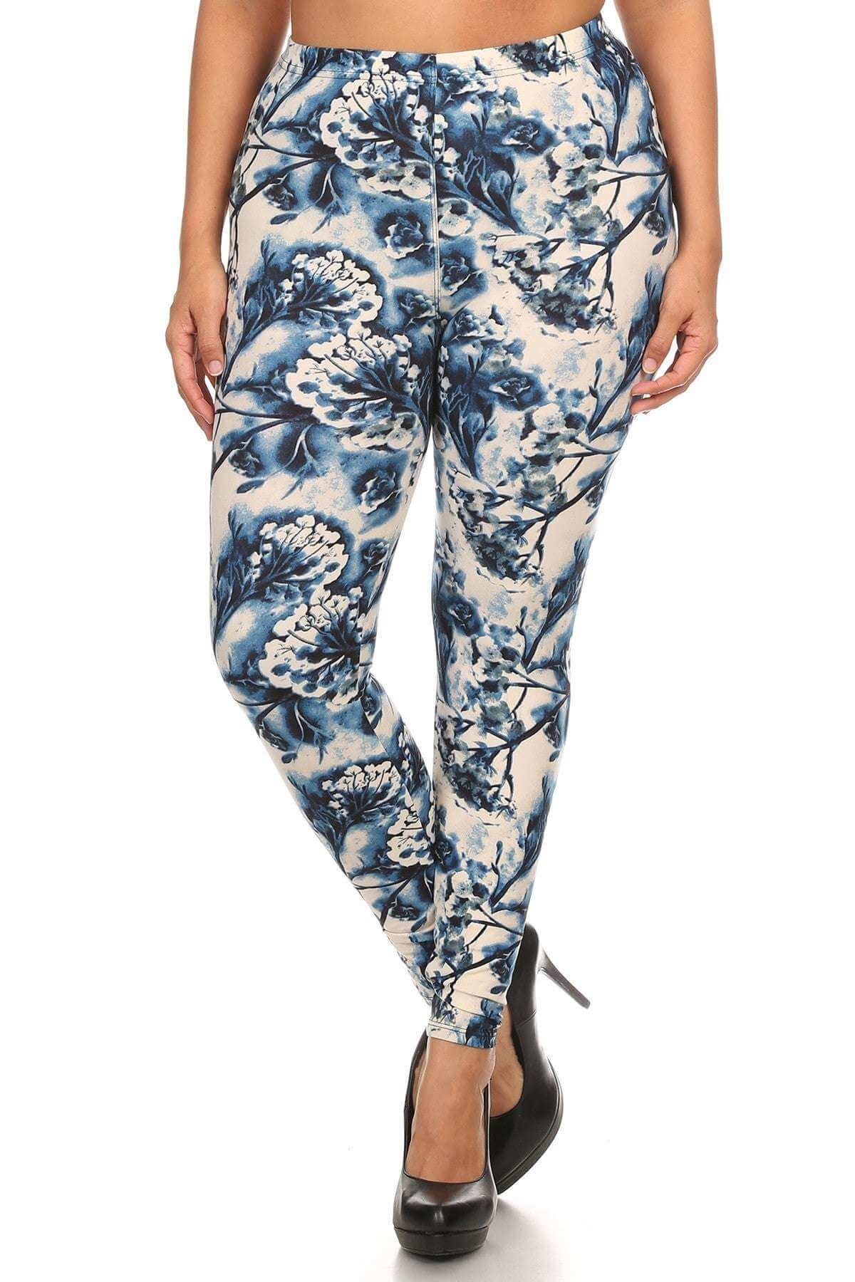 Plus Size Floral Print, Full Length Leggings In A Slim Fitting Style With A Banded High Waist - The Diva Goddess