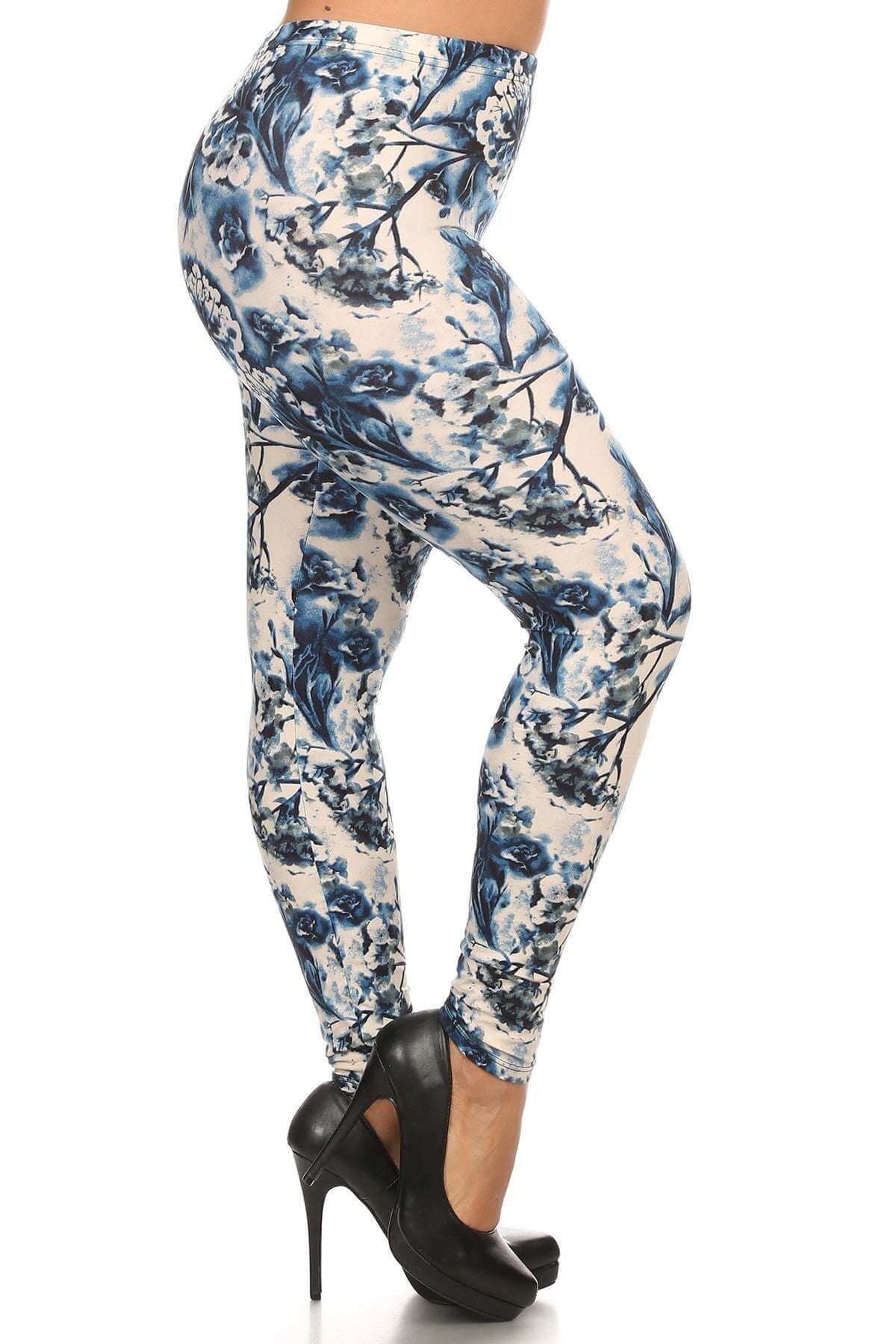 Plus Size Floral Print, Full Length Leggings In A Slim Fitting Style With A Banded High Waist - The Diva Goddess