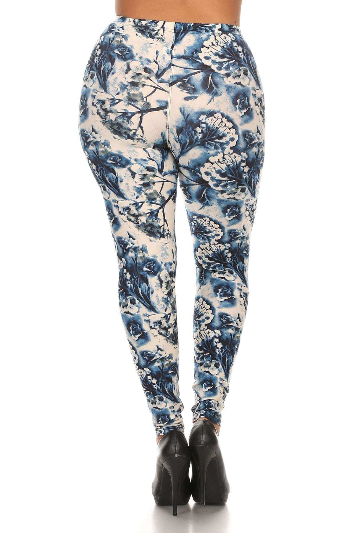 Plus Size Floral Print, Full Length Leggings In A Slim Fitting Style With A Banded High Waist - The Diva Goddess