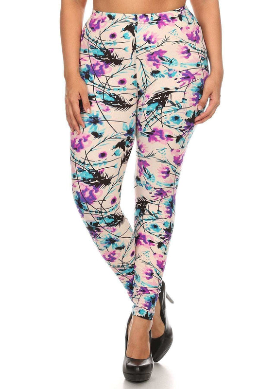 Plus Size Floral Print, Full Length Leggings In A Slim Fitting Style With A Banded High Waist - The Diva Goddess