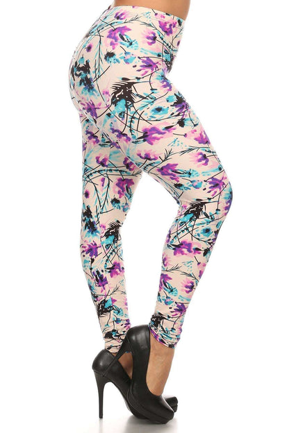 Plus Size Floral Print, Full Length Leggings In A Slim Fitting Style With A Banded High Waist - The Diva Goddess