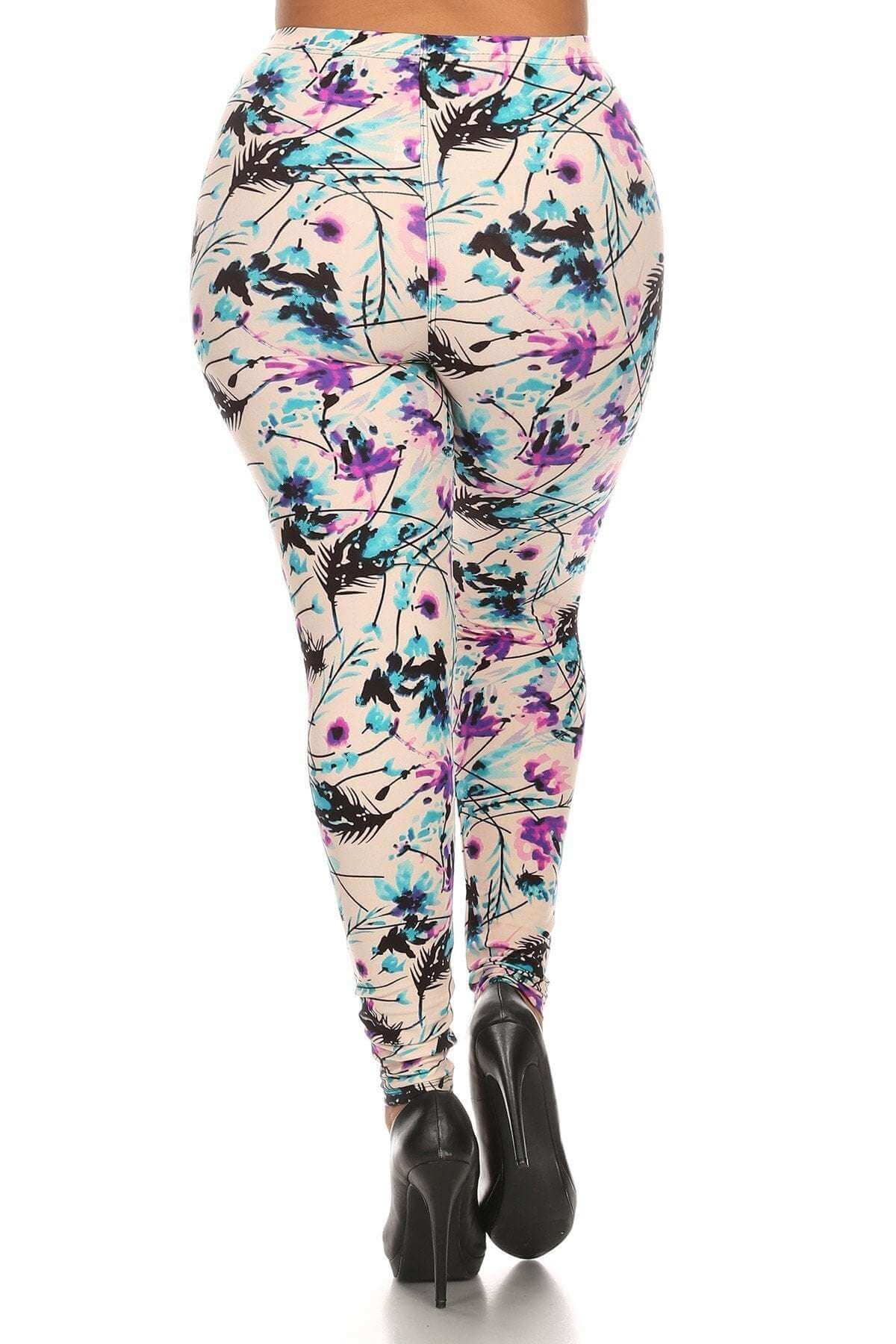 Plus Size Floral Print, Full Length Leggings In A Slim Fitting Style With A Banded High Waist - The Diva Goddess